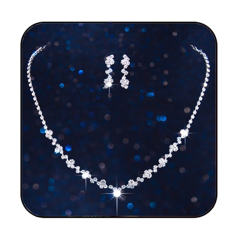 Aukmla Bride Wedding Necklace Earrings Set Silver Rhinestones Necklaces Bridal Crystal Jewelry Accessories for Women (Set of 3) - Image 1